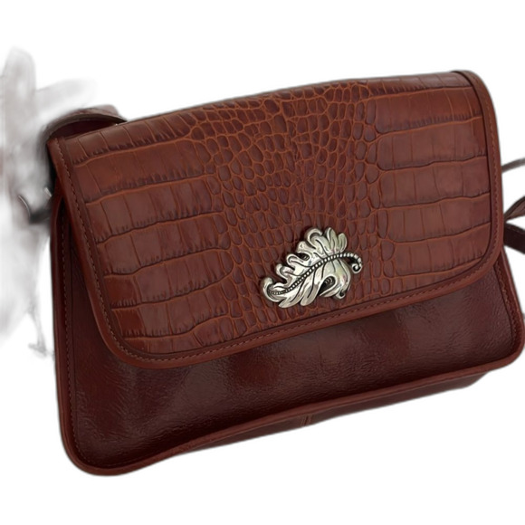 Vintage Brighton Brown Croc Embossed leather leaf Metal Details Crossbody Purse - Picture 13 of 13